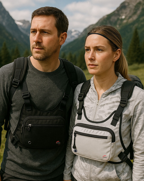 Two people wearing chest bag vests in a mountainous landscape